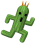 Green pixelated cactus figure with black eyes and mouth, wearing orange crown, in two running poses against gray background.