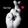 Black-and-white image of a hand making a middle finger gesture with a pink pixelated heart symbol and 'liar liar' text on a dark background.