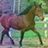 A brown horse walks left to right across a green field with white fence posts, while a white heart symbol appears above its head.
