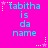 Bright pink background with cyan text reading "tabitha is da name" repeated in a pattern, surrounded by white and pink star-shaped pixel decorations