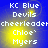 Blue background with white text reading KC Blue Devils cheerleader Chloe Myers, featuring a yellow glow effect that shifts position across frames.