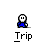 Pixel art character in blue outfit with white face and black eyes, shown in multiple poses above the word 'Trip' on gray background.