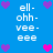 Blue background with white text 'ell- ohh- vee- eee' repeated in four quadrants, surrounded by purple and pink pixelated hearts.