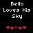 Pixelated text 'Bello Loves His Sky' in white on black background with red heart symbols below, two variations of heart arrangement visible.