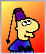 Pixelated cartoon character with yellow face, purple fez hat, and blue shirt against orange-red gradient background; mouth alternates between closed smile and open grin across frames.