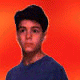 A person in a blue shirt appears with and without antennae on an orange background, transitioning between human and alien-like forms.