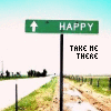 Green road sign with white arrow and 'HAPPY' text, dirt road, grassy fields, and pixelated 'TAKE ME THERE' text on a light background.