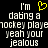 Black background with white pixelated text reading "I'm dating a hockey player yeah your jealous" and a yellow heart symbol above the word 'dating'.