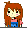 Pixel art avatar of a girl with long brown hair, pink cheeks, and blue overalls showing two expressions: open eyes smiling and closed eyes smiling.