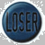 A circular blue icon with the word "LOSER" in bold black letters, surrounded by a white pixelated border on a gray background.