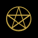 Golden pentagram symbols in various 3D orientations and perspectives on black background, transitioning from circular to flat views.