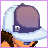 Pixelated cartoon character wearing a white and purple trucker hat, orange top, and gray shorts with a belly button piercing, shown in multiple poses with text below.