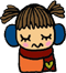 Pixelated cartoon girl with brown pigtails, blue earmuffs, red scarf, orange top, and pink cheeks; two closed-eye expressions alternate with open eyes.