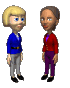 Two cartoon figures in blue and red jackets shake hands against a gray background, with one figure's expression changing from neutral to smiling.