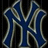 Pixelated blue and white 'NY' logo on dark background with text listing names and Yankees fan declaration.