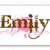 Animated icon with four distinct sections: top-left displays 'Emily' text over pink splatter, top-right shows 'LOVES' on beach background, bottom-left features a person with long dark hair and crown under 'KATY' text.