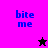 Pixelated text 'bite me' in blue on split background with pink, purple, and black sections; two star icons alternate between black and pink.