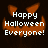 Pixelated orange pumpkin face with glowing eyes and mouth on dark background, displaying 'Happy Halloween Everyone!' text in white pixel font.