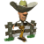 Animated sequence of a cartoon cowboy figure in a brown hat, white shirt, and yellow pants standing behind a wooden fence with green grass patches.