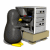Animated sequence of a dark gray penguin with yellow feet interacting with an open beige and silver server cabinet, showing different internal component states.
