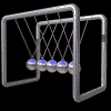 Animated Newton's cradle with five metallic spheres swinging in sequence against a black background.