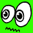 Pixelated green background with two large white oval eyes featuring black spiral pupils and a small squiggly mouth below, rendered in low-resolution 8-bit style.