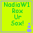 Green text on bright yellow background with blue border and small blue pixelated figure, displaying "NadiaW1 Rox Ur Ux Sox!" in four identical