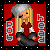 Pixel art contact sheet of two animated frames showing a blonde cartoon character with gray hair streaks, red top, and black pants against a red background with white text elements.