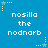 Blue background with repeated white text 'nosilla the nodnarb' and yellow star icons in pixelated style.