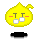 Yellow cartoon head with T-shaped eyes, red cheeks, white square pupils, and a black base on gray background.