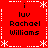 Red background with white dotted and dashed borders, four identical text blocks reading 'luv Rachael Williams' in black pixelated font surrounded by snowflake symbols.