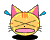Pixelated cartoon cat face with pink ears and blue sweat drops in two animated frames showing different expressions.