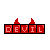 A 4x4 grid of pixelated devil-themed animated frames showing sequential changes in the text "DEVIL" with red horns above each frame on a gray background.