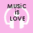 Pixelated graphic with pink background, white headphones outline, and black text reading "MUSIC is LOVE" in three lines.