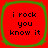 Four identical red square icons with green rounded borders, each displaying black pixelated text reading "i rock you know it" in three lines.