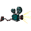 A teal vintage movie projector with two reels and a brown chain, emitting yellow light rays from its lens on white background.