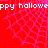 Red background with pink spiderweb pattern and repeated white text 'happy hallowe' across the image.