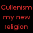 Red pixelated text on black background reads 'Cullenism my new religion' with '<3' symbol, next to pixelated image of two people in warm-toned setting.