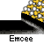 Pixelated yellow cartoon character with white face and black outline, holding a microphone on gray background with repeated text labels.