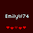 Pixelated text 'EmilyW74' in light blue on dark red background with two of five red heart symbols below