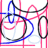 Pixelated abstract composition of overlapping curved lines in pink, blue, black, and white on a white background.