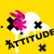 Pixelated icon with yellow background, pink rabbit-like figure on white cloud shape holding black X symbols and partial text.