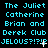 Pixelated cyan text on black background repeats 'The Juliet Catherine Brian and Derek Club JELONS?!?/!' in a pattern with small white cursor-like symbols