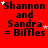 Red background with repeated black text 'Shannon and Sandra = Biffles' and scattered white stars, some stars animate to pink in different frames.