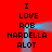 Red background with black text reading "I LOVE ROB HARDELLA ALOT" arranged in a vertical , duplicated side-by-side. Two light blue translucent shapes move across the image from top to bottom and left to right