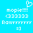 Pixel art icon with bright cyan background, white text and symbols including 'mopie!!!!', '(33333', 'Rawrrrrrrr', '=]', and a heart outline above the text.