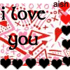 Animated icon with repeating 'i love you' text, red and black hearts, and pink/red geometric patterns on a white background.