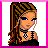 Pixel art buddy icon featuring a female character with braided hair and text panels on pink backgrounds.