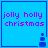 Blue square icon with purple text 'jolly holly christmas' and a small blue pixelated figure at bottom right.