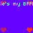 Pixelated blue background with cyan text reading "it's my BFF!" and red/pink heart symbols in multiple positions.